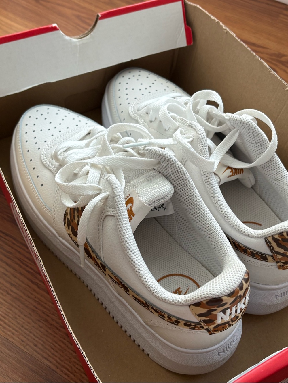 Nike Women's White Sneakers with Leopard Swoosh - Picture 2 of 3